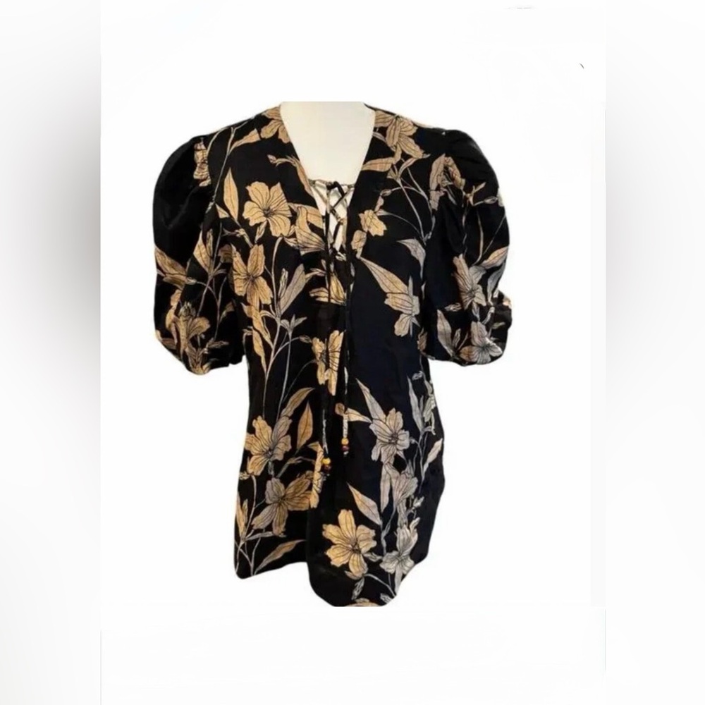 Ralph Lauren Black and Tan Floral Blouse